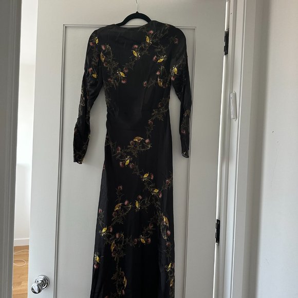 Lake Studio Satin Maxi Dress Sz 38 Black Floral Print V-neck Long Sleeves - Picture 10 of 10